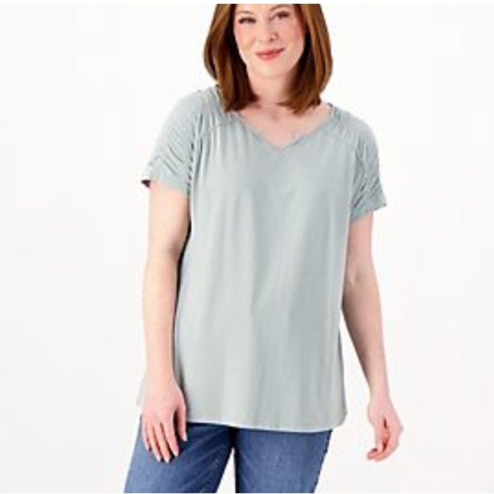 Pale Sage Laurie Felt Cotton Rayon Made From Bamboo Smocked
Shoulder Tee XS